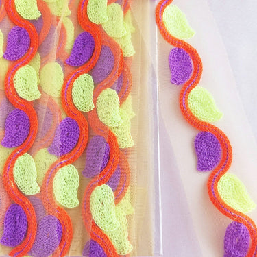 Beige Net With Green, Purple And Orange Embroidery, Leaves Pattern Trim